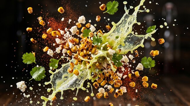 Delicious Mexican street corn ingredients dynamically splashing with a creamy green sauce.
