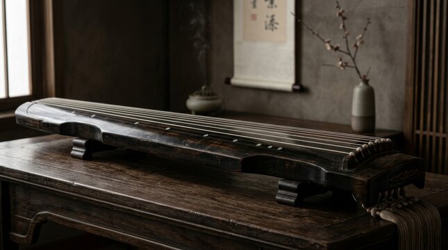 Antique Chinese Guqin Zither on Wooden Table, Traditional Music Instrument