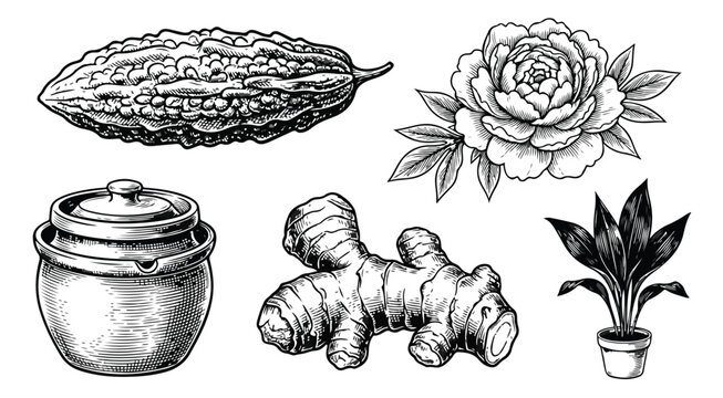 Vintage botanical illustrations of bitter melon and ginger root, hand drawn peony flower and potted plant, set of 5 black and white vector sketches