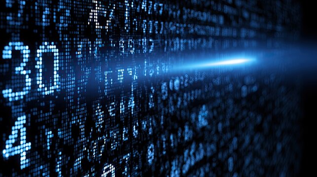 Glowing blue digital stream of code and numbers against black