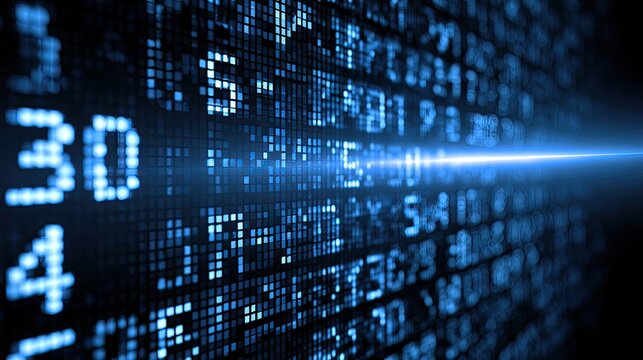 A digital screen displays a cascade of glowing blue numbers and data