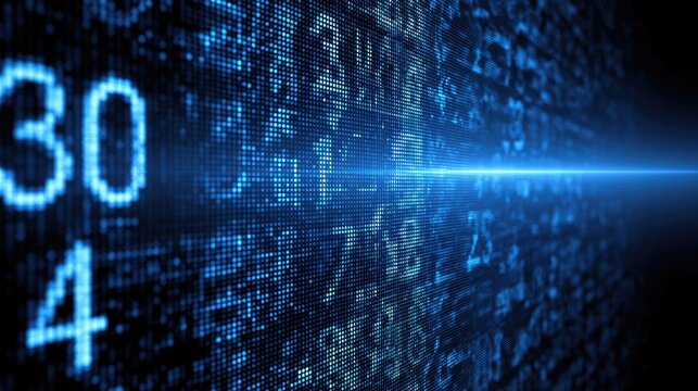 Blue digital display of glowing numbers, charts, and a bright horizontal light beam