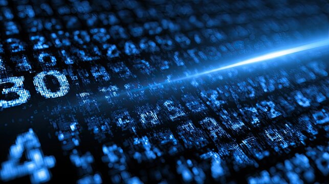 Digital stream of luminous blue binary code cascades with sharp light