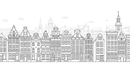 Obraz premium Detailed panoramic line drawing of a traditional European city skyline featuring narrow old buildings with unique gables and rooftops.