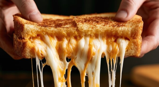 Hands pull apart gooey, golden grilled cheese, strings of melted cheese dangling