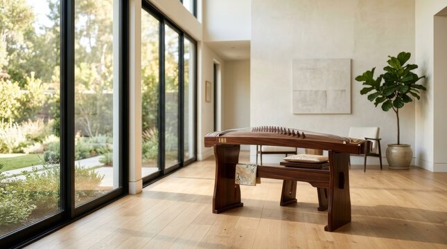 Traditional Chinese Guzheng Instrument on Wooden Stand in Bright Modern Room with Garden View