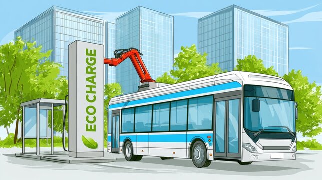 Electric bus charging at an eco-friendly station in a modern city