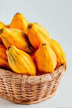 Fresh golden babaco fruit in wicker basket