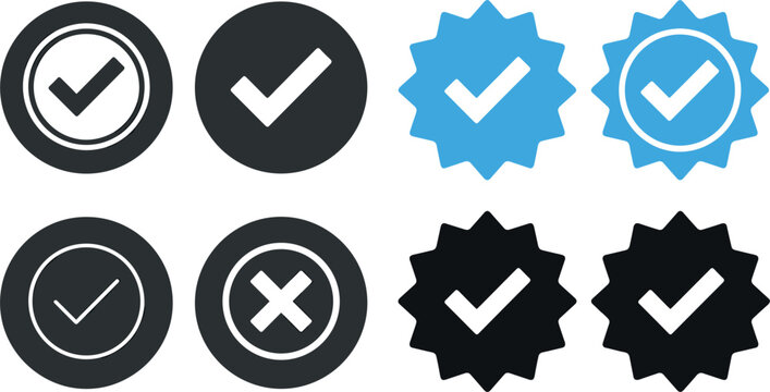 Social media verified checkmark badge and cancel cross icon set for profile account validation
