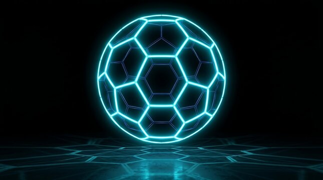 Digital art wireframe mesh render of a glowing blue futuristic high tech data soccer ball model