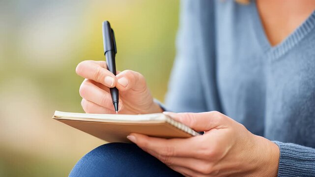 Person writing in a notebook outdoors