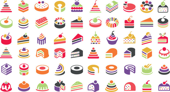Colorful flat icons of various cakes and desserts on white background