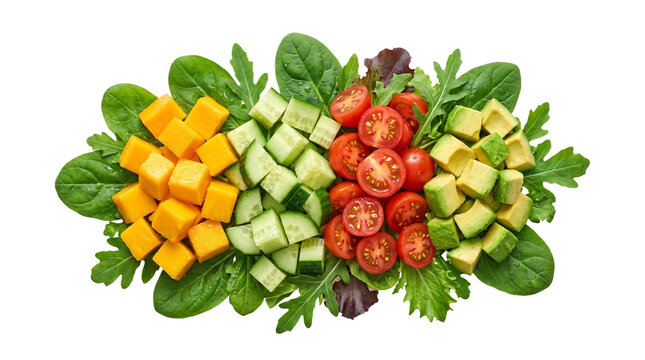 Fresh salad ingredients with diced mango, cucumber, cherry tomatoes and avocado. Healthy raw vegetable mix on green spinach leaves. Nutritious vegan food meal prep. isolated PNG with Transparent