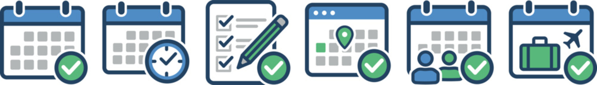 Calendar and Schedule Planner Icon Set with Clock Checklist Location Pin and Luggage for Event Management