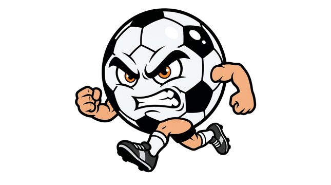 Bold cartoon vector mascot emblem illustration of an angry tough soccer ball with a fierce face expression