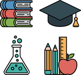 Fototapeta premium School supplies and education icons with books graduation cap flask and pencil.