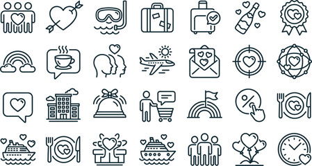 Fototapeta premium Travel honeymoon and romantic vacation line icons set for holiday trip and relationship celebration