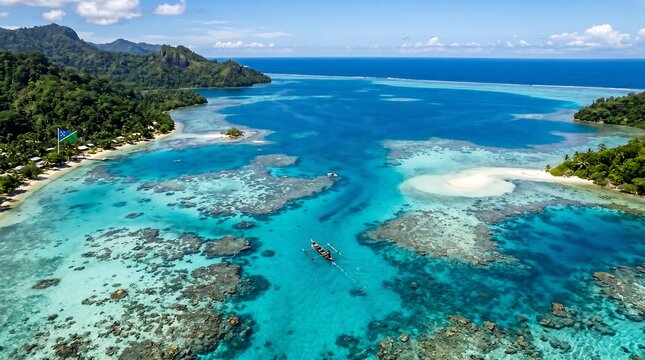High angle aerial shot of turquoise coral reefs tropical islands and boat in Solomon Islands