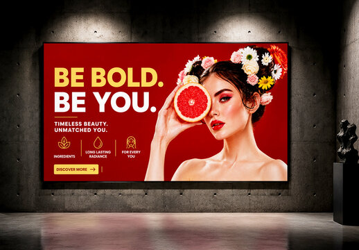 Indoor Billboard Mockup on Dark Concrete Wall for Beauty Advertising