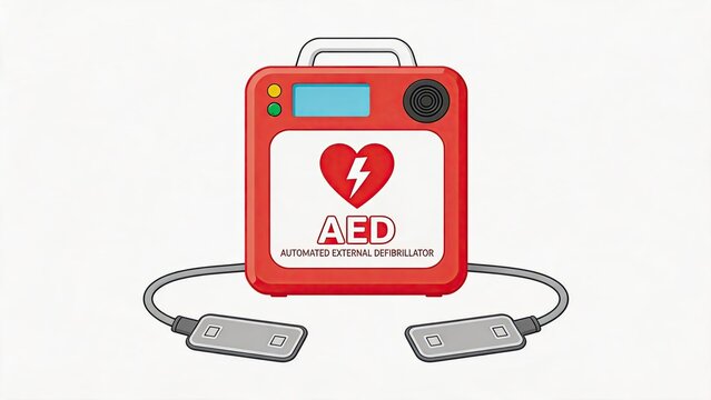 Red automated external defibrillator AED medical device illustration with heart symbol and electrode pads, emergency first aid equipment for cardiac arrest treatment and life