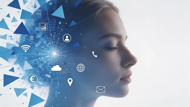 Woman profile with digital icons representing connectivity and communication, symbolizing human interaction with technology through social media, global networks, cloud services