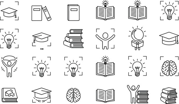 Education and knowledge line icon set featuring books graduation caps lightbulbs and brains for learning science school university creativity and success concepts