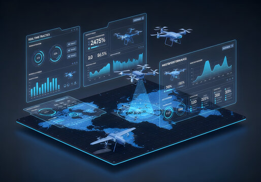 Blue-themed drone fleet management dashboard with real-time analytics and flight paths