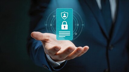 Naklejka premium Businessman hand holding futuristic cyber security icon with lock and shield symbol, digital data protection and privacy concept, network safety technology and secure information