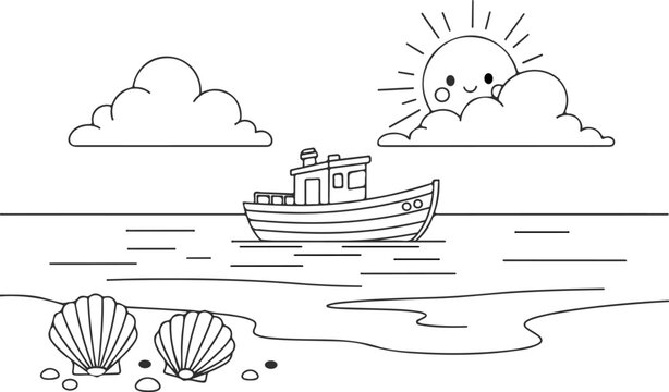 Coloring page of a boat at sea coloring book for kids ocean scene simple line art illustration
