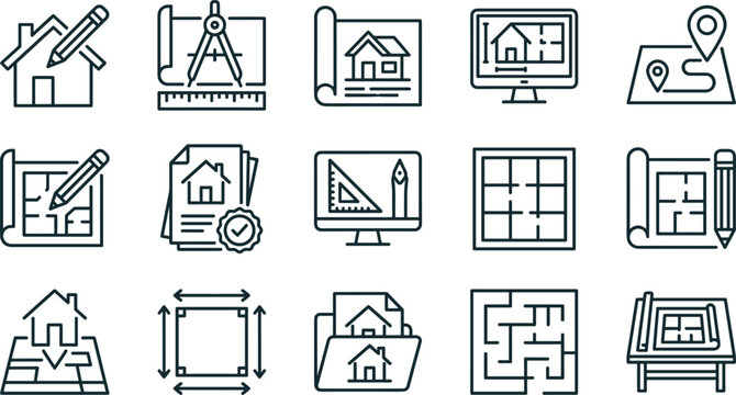 Architecture blueprint house design plan and real estate engineering project vector thin line icons set