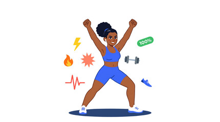 Fototapeta premium A woman in blue workout clothes celebrating with her arms raised in the air isolated on transparent background