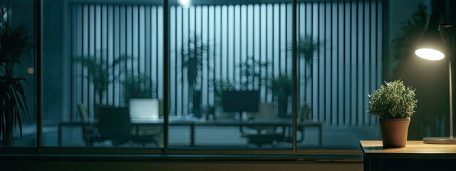 Obraz premium Dimly lit office with a desk lamp illuminating a potted plant