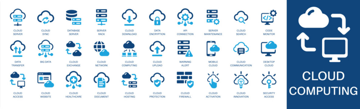 Cloud computing and data network solid icon set. Featuring cloud server, data encryption, big data, server rack, and cloud hosting. Editable vector glyphs for IT infrastructure and tech management