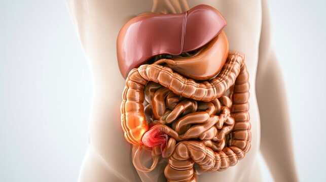 Anatomical illustration of inflamed appendix within the human digestive system