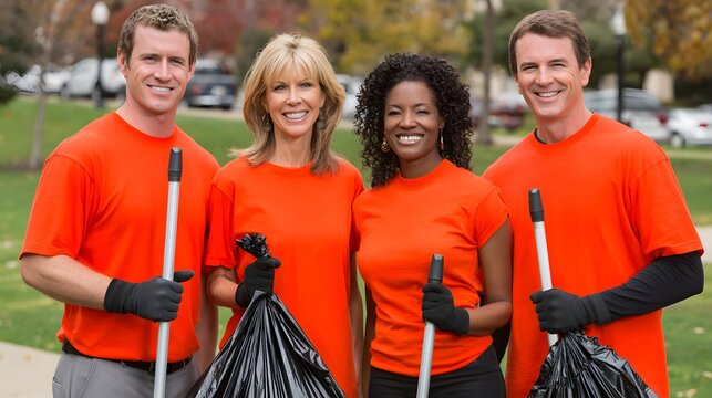 responsibility concept with employees volunteering outdoors in branded shirts