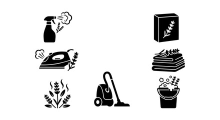 Fototapeta premium Lavender Scented Home Cleaning Icons, Laundry Care Symbols, Natural Fragrance Vector Set