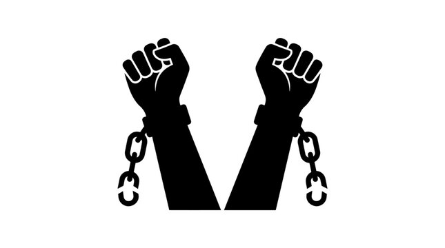 Black raised fists breaking free from chains, freedom and empowerment symbol, vector illustration, protest and resistance icon isolated on White Background