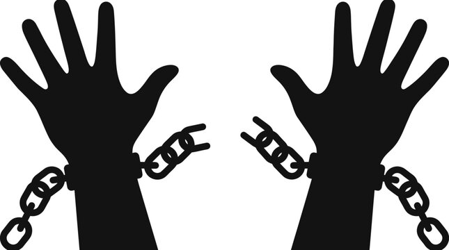 Black chained hands, handcuffed wrists, freedom struggle, protest symbols, vector icons isolated on White Background