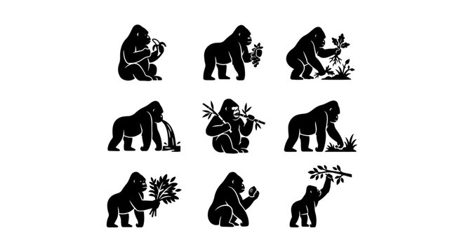 Gorilla Icon Set, Primate Silhouette Collection, Jungle Animal Vector Graphics, Wildlife Nature Elements