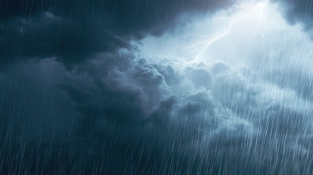 A dramatic storm with heavy rain and a bright lightning strike through dark clouds