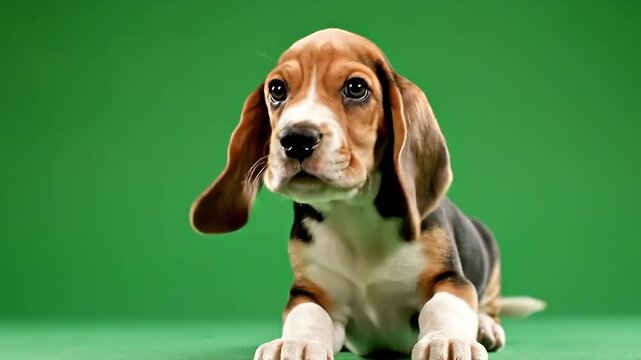 A cute beagle puppy lies on green background looking forward curiously
