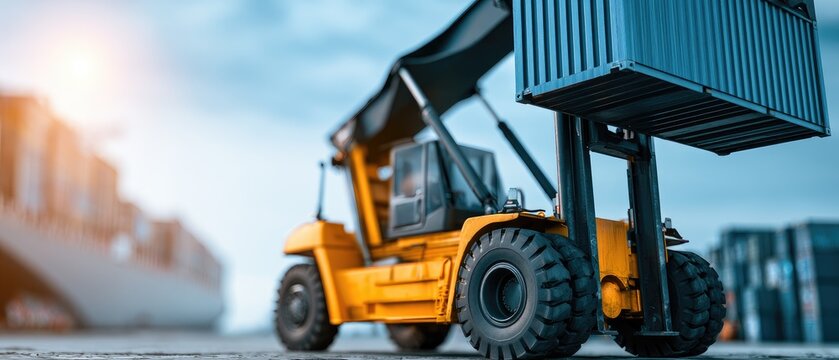 Yellow heavy-duty forklift lifts a blue shipping container at a port