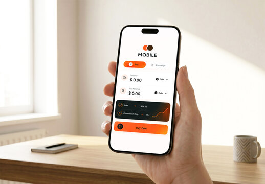 Hand Holding Smartphone with Modern Finance App UI Design Mockup