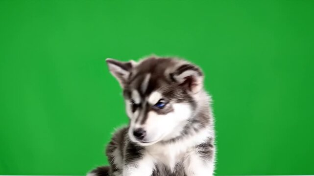 Cute Siberian Husky puppy sitting on green screen background looking around