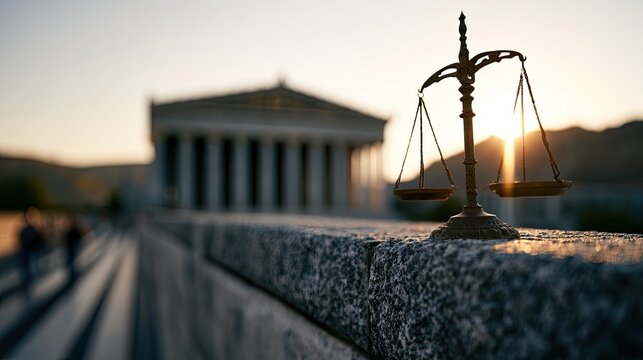 Scales of justice rest on a granite ledge with a grand building behind