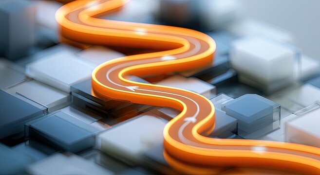 Illuminated orange pathway winds through futuristic, segmented grid landscape