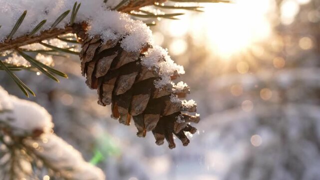 Pine cone covered in fresh snow, backlit by golden sunlight
