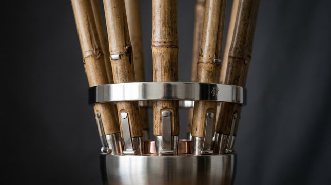 Traditional Chinese Bamboo Flutes in a Silver Stand