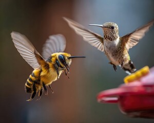 Obraz premium High-speed bee vs hummingbird rivalry at feeder, motion blur mastery