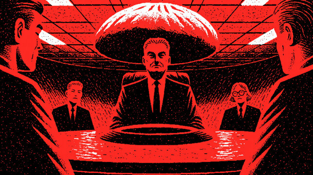 Giant bao bun in the CEO chair amid bold red-and-black Soviet constructivist art
